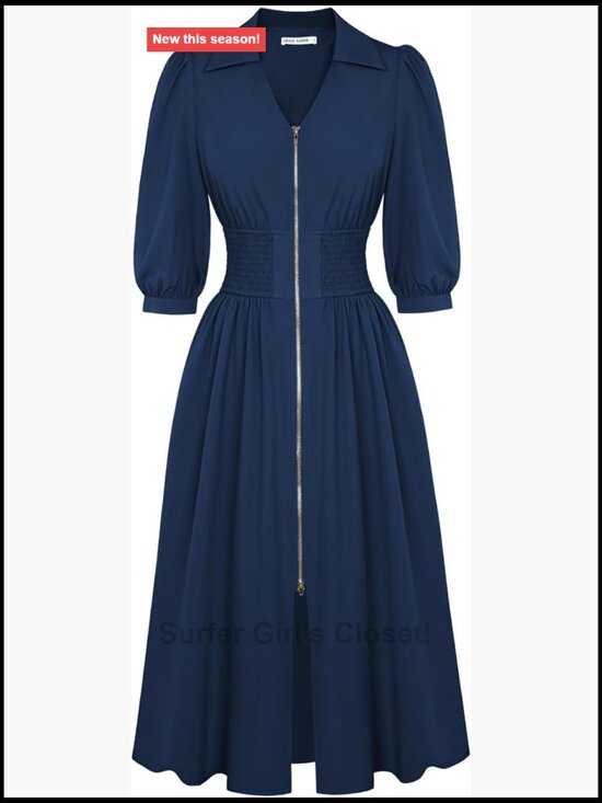 Dresses & Skirts - Midi Dress A-Line Work Dress 3/4 Sleeve Zipper Smocked Waist Pockets